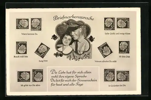 AK Briefmarkensprache, Wann kommst Du, Ewig Dein, In Gedanken bei Dir, Paar im Kleeblatt