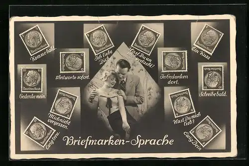 AK Briefmarkensprache, Gedenke mein, In Gedanken dort, Schreibe bald, Liebespaar