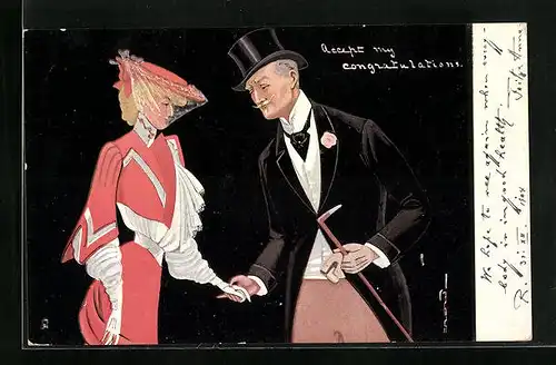 AK Eleganter Herr mit Dame an der Hand, Glückwunsch