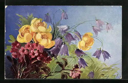 Künstler-AK Mary Golay: Blumen mit Gräsern