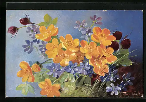Künstler-AK Mary Golay: Gelbe und blaue Blumen