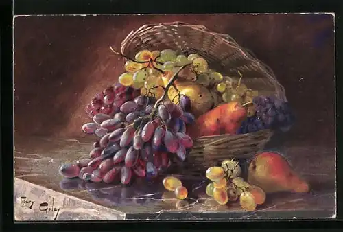 Künstler-AK Mary Golay: Weintrauben und Birnen im Korb
