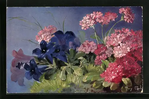 Künstler-AK Mary Golay: Blaue Glockenblumen und Rhododendron