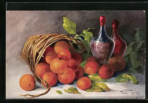 Künstler-AK Mary Golay: Orangen im umgekippten Korb und Weinflaschen