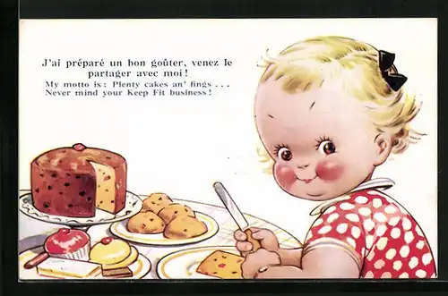 Künstler-AK Mabel Lucie Attwell unsign.: J`ai préparé un bon goûter..., Mädchen mit Kuchen am Tisch