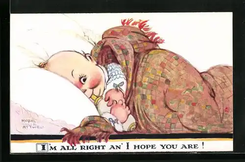 Künstler-AK Mabel Lucie Attwell: I`m all right an` I hope you are!, Baby mit Flasche
