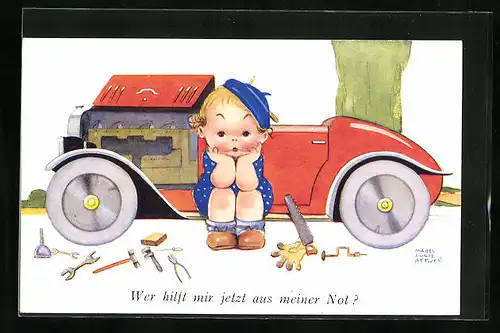 Künstler-AK Mabel Lucie Attwell: Wer hilft mir jetzt aus meiner Not?, Mädchen sitzt am kaputten Auto