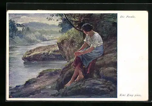 Künstler-AK Carl Zewy: Die Forelle, Frau sitzt am Ufer