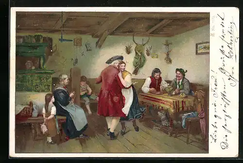 AK Mann mit Zither am Tisch und Paar beim Volkstanz