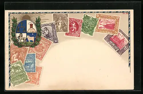 Lithographie Uruguay, Briefmarken und Wappen