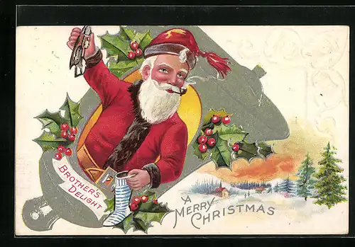 Präge-AK A Merry Christmas, Weihnachtsmann grüsst aus einer Glocke