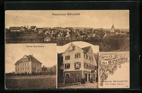 AK Bittenfeld, Neues Schulhaus, Panorama, Gemischtwarenhandlung von Eugen Greiner