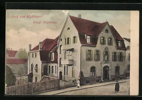 AK Waiblingen, Evangl. Vereinshaus von der Strasse gesehen