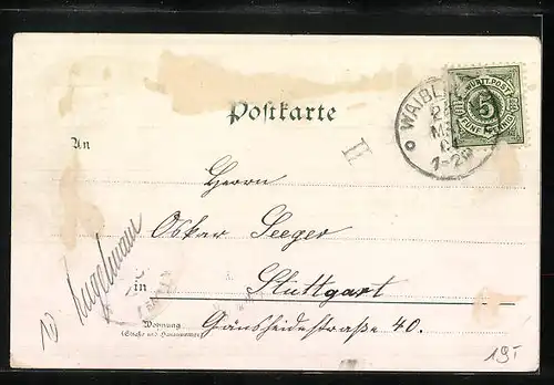 Lithographie Waiblingen, Strassenansicht mit Gasthof zur Post, Totalansicht