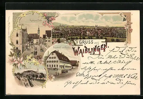 Lithographie Waiblingen, Gasthof zur Post, Rathaus-Platz, Bahnhof, Totalansicht