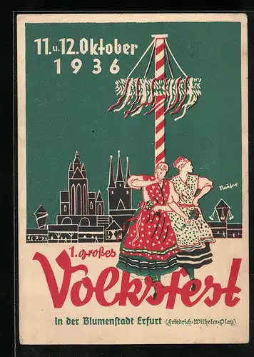 AK Erfurt, 1. Grosses Volksfest 1936, Festpostkarte, Damen mit Stadtpanorama