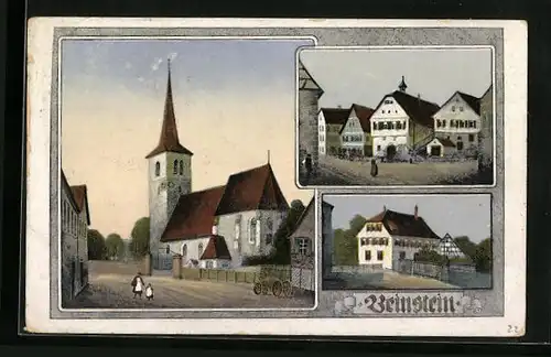 Künstler-AK Beinstein, Kirche, Ortspartie, Haus