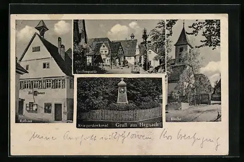 AK Hegnach, Kriegerdenkmal, Rathaus, Kirche, Strassenpartie