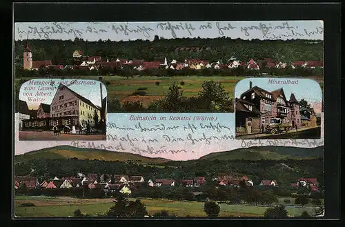 AK Beinstein im Remstal /Württ., Metzgerei und Gasthaus zum Lamm, Mineralbad, Ortsansicht