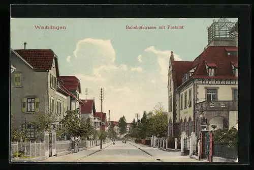 AK Waiblingen, Bahnhofstrasse mit Postamt