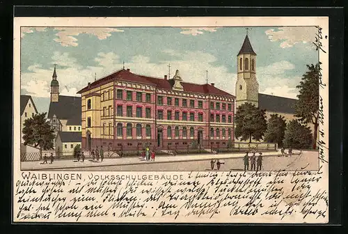 Künstler-AK Waiblingen, Volksschulgebäude mit Kirche