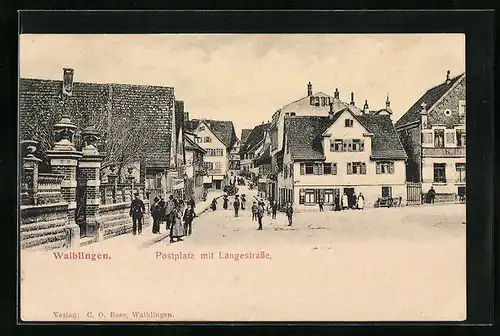 AK Waiblingen, Postplatz mit Langestrasse und Passanten