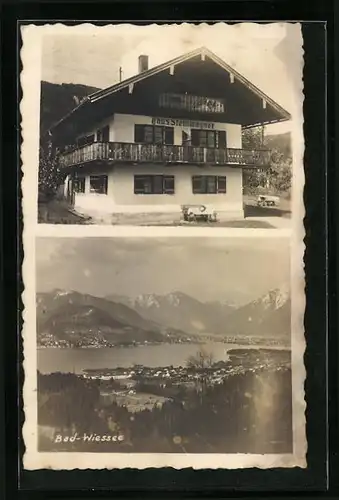 AK Bad-Wiessee, Hotel-Pension Haus Steinwagner, Panoramablick auf Ort und Alpen