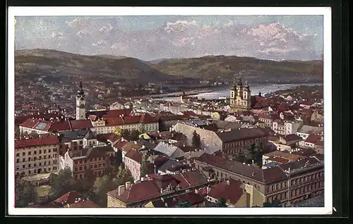 Künstler-AK Linz a. D., Ortsansicht aus der Vogelschau
