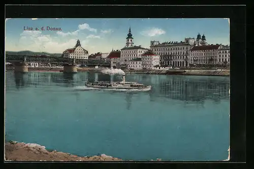 AK Linz a. D., Flusspartie mit Brücke und Dampfer