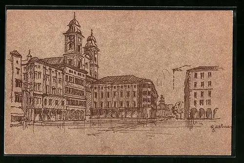 Künstler-AK Linz a. D., Ortspartie mit Kirche