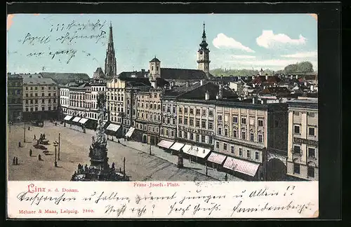 AK Linz a. D., Franz-Josefs-Platz mit Denkmal