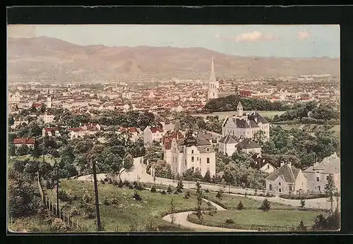 AK Linz a. D., Totalansicht mit Park und Kirche