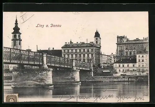 AK Linz a. D., Brücke gegen Kirchturm
