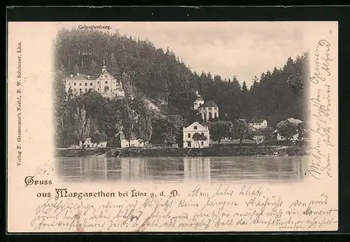 AK Margarethen b. Linz, Ortspartie mit Calvarienberg