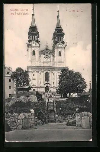 AK Linz a. d. Donau, Wallfahrtskirche mit Treppe auf dem Pöstlingberg