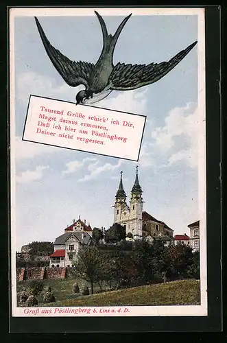 AK Pöstlingberg /Linz, Vogel mit Brief im Schnabe vor der Kirche