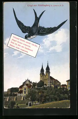 AK Pöstlingberg /Linz, Vogel mit Brief vor der Kirche