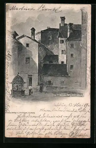 Künstler-AK Salzburg, Männer am Brunnen vor der Festung