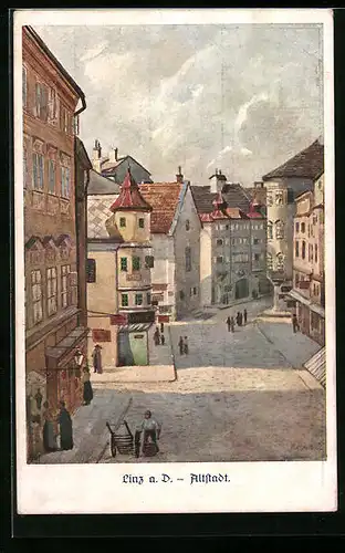 Künstler-AK Linz a. d. Donau, Strassenpartie in der Altstadt