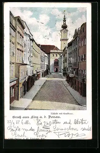 AK Linz a. d. Donau, gepflasterte Strasse der Altstadt mit Landhaus