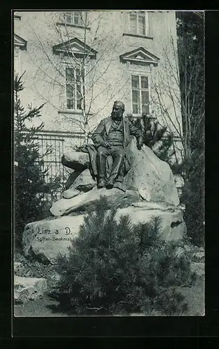 AK Linz a. d. Donau, Stifter-Denkmal vor einem Haus