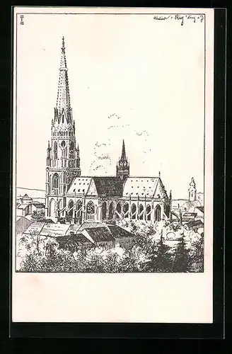 Künstler-AK Linz a. d. Donau, Dom und Umgebung