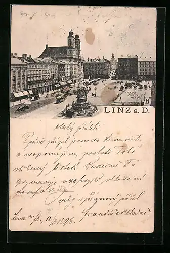 AK Linz a. d. Donau, Franz Josef-Platz mit der Dreifaltigkeitssäule