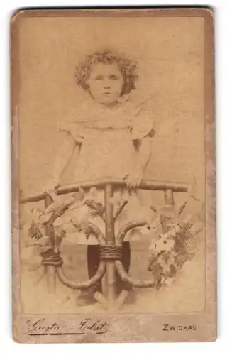 Fotografie Gustav Jobst, Zwickau, Äussere Schneebergerstrasse 20, Kleines Kind mit Lockenkopf an einem Zaun