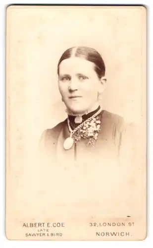 Fotografie Sawyer & Bird, Norwich, 32. London Street, Junge Dame mit grübelndem Blick mit hochwertiger Halskette