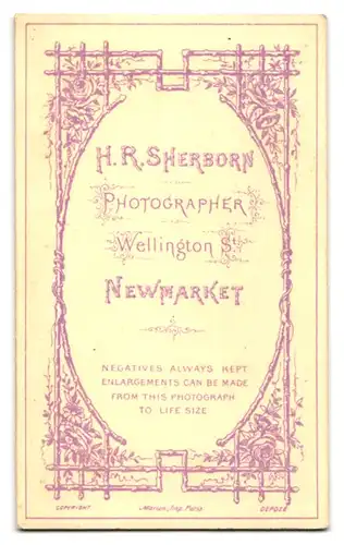 Fotografie H. R. Sherbon, Newmarket, Wellington St., Junger Mann mit Backenbart auf einem Sessel lehnend