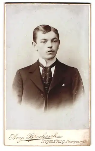 Fotografie Aug. Brokesch, Regensburg, Predigerstr. 89, Portrait junger Herr trägt Anzug mit Krawatte