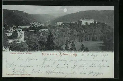 Mondschein-AK Schwarzburg, Hotel Weisser Hirsch und Schloss
