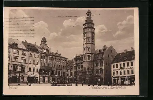 AK Gera, Marktplatz mit Geschäften, Rathaus und Brunnen