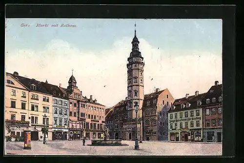 AK Gera, Markt mit Geschäften, Rathaus und Brunnen